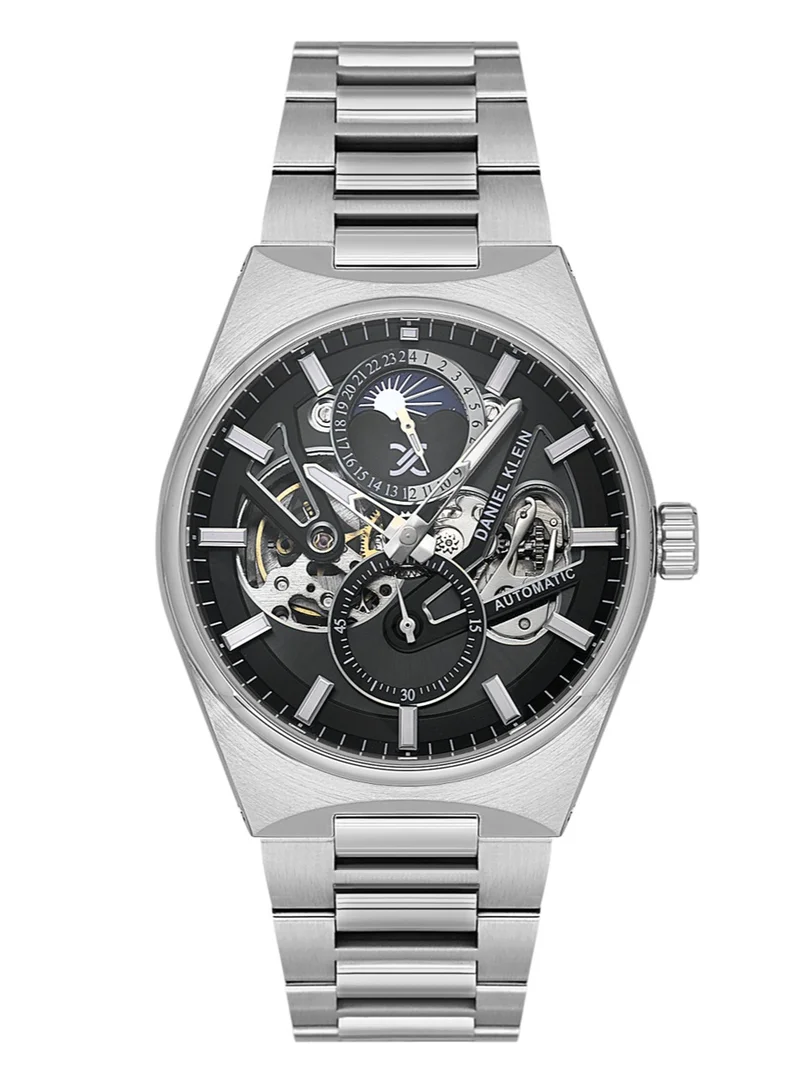 DANIEL KLEIN Men's Stainless Steel Silver Brass Case Analog Black Round Skeleton Dial Automatic Skeleton 50 Meters Water Resistant